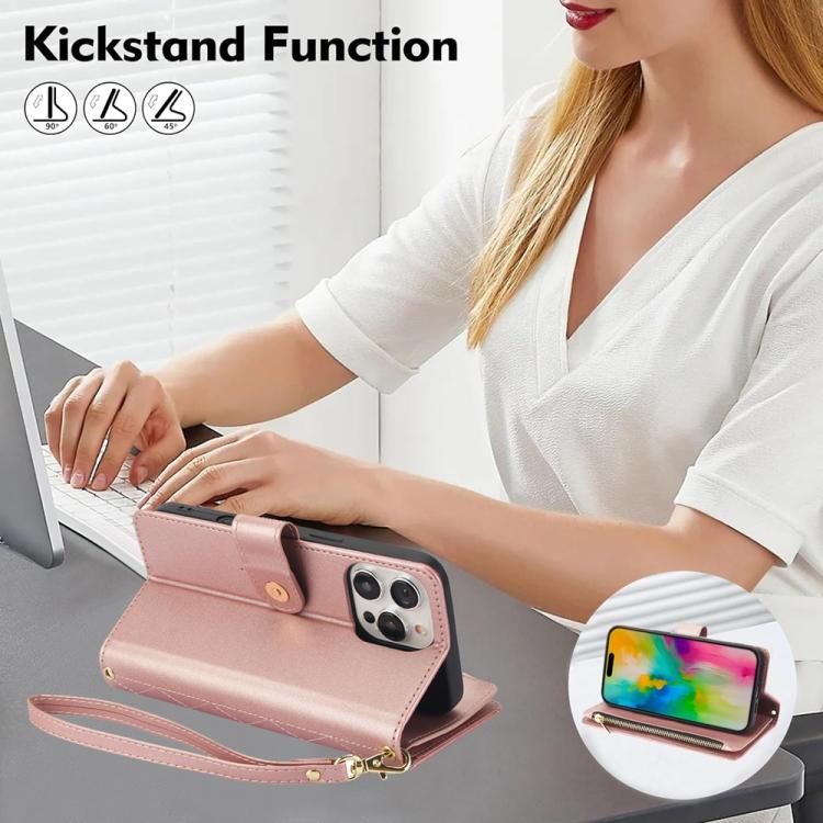 For iPhone 16 Pro Max YM016 Rhombic Zipper Card Wallet Leather Phone Case with Lanyard(Rose Gold) - iPhone 16 Pro Max Cases by buy2fix | Online Shopping UK | buy2fix