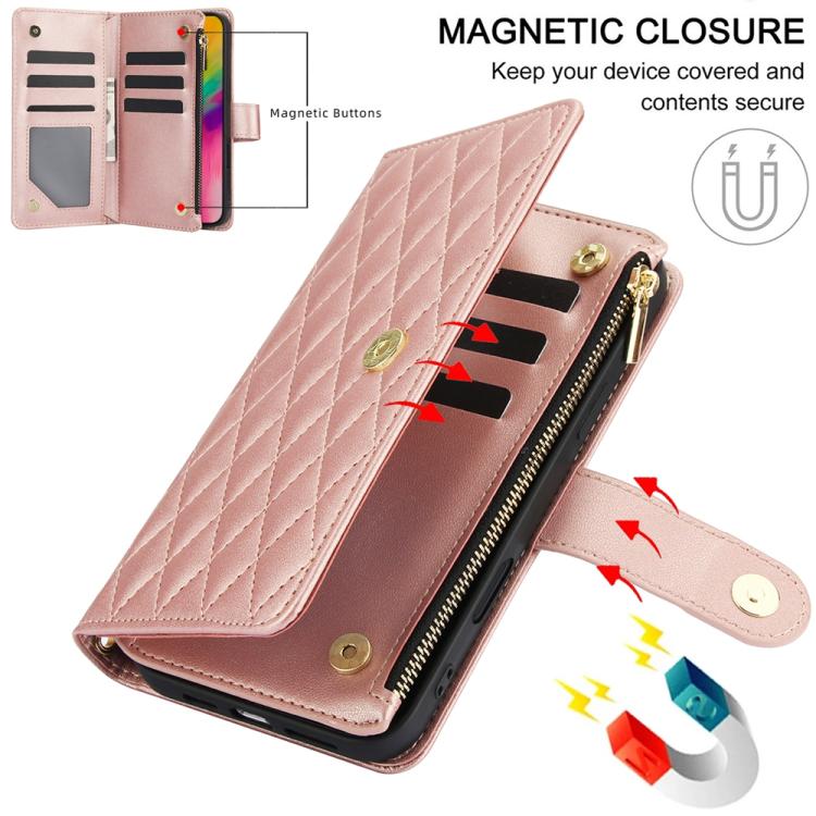 For iPhone 16 Pro Max YM016 Rhombic Zipper Card Wallet Leather Phone Case with Lanyard(Rose Gold) - iPhone 16 Pro Max Cases by buy2fix | Online Shopping UK | buy2fix