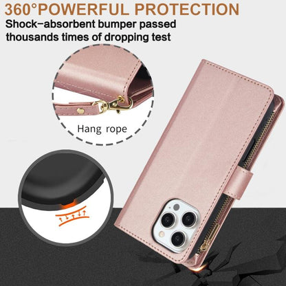 For iPhone 16 Pro Max YM016 Rhombic Zipper Card Wallet Leather Phone Case with Lanyard(Rose Gold) - iPhone 16 Pro Max Cases by buy2fix | Online Shopping UK | buy2fix