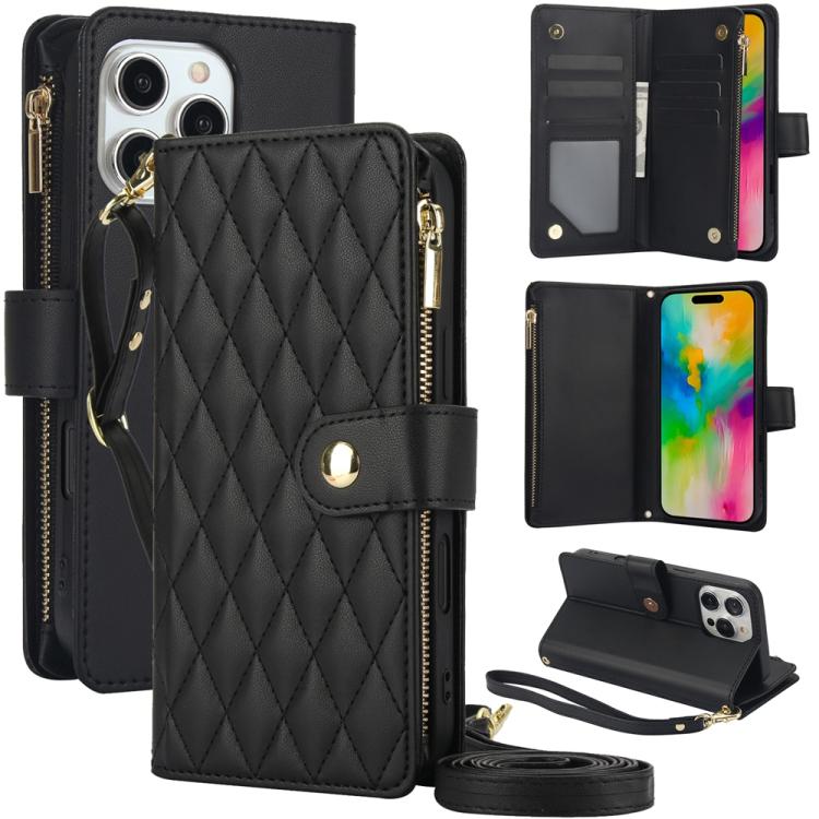 For iPhone 16 Pro Max YM016 Rhombic Zipper Card Wallet Leather Phone Case with Lanyard(Black) - iPhone 16 Pro Max Cases by buy2fix | Online Shopping UK | buy2fix