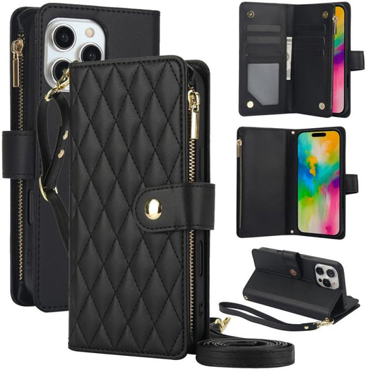 For iPhone 16 Pro Max YM016 Rhombic Zipper Card Wallet Leather Phone Case with Lanyard(Black) - iPhone 16 Pro Max Cases by buy2fix | Online Shopping UK | buy2fix