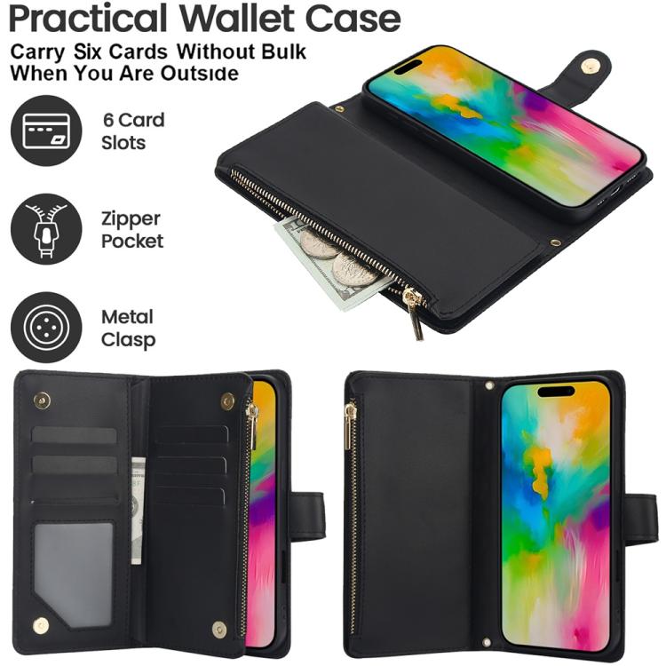 For iPhone 16 Pro Max YM016 Rhombic Zipper Card Wallet Leather Phone Case with Lanyard(Black) - iPhone 16 Pro Max Cases by buy2fix | Online Shopping UK | buy2fix