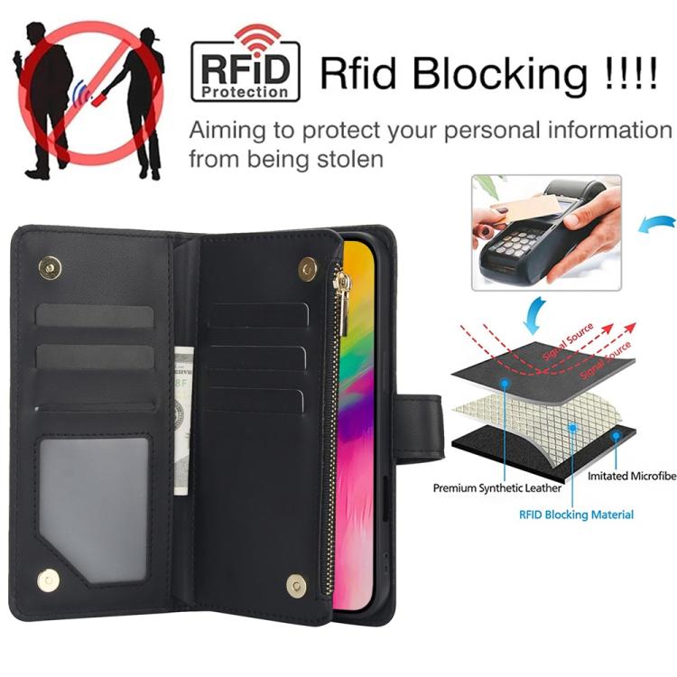 For iPhone 16 Pro Max YM016 Rhombic Zipper Card Wallet Leather Phone Case with Lanyard(Black) - iPhone 16 Pro Max Cases by buy2fix | Online Shopping UK | buy2fix