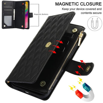 For iPhone 16 Pro Max YM016 Rhombic Zipper Card Wallet Leather Phone Case with Lanyard(Black) - iPhone 16 Pro Max Cases by buy2fix | Online Shopping UK | buy2fix