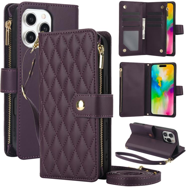 For iPhone 16 Pro YM016 Rhombic Zipper Card Wallet Leather Phone Case with Lanyard(Dark Purple) - iPhone 16 Pro Cases by buy2fix | Online Shopping UK | buy2fix