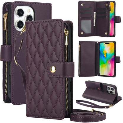 For iPhone 16 Pro YM016 Rhombic Zipper Card Wallet Leather Phone Case with Lanyard(Dark Purple) - iPhone 16 Pro Cases by buy2fix | Online Shopping UK | buy2fix