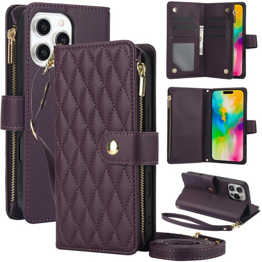 For iPhone 16 Pro YM016 Rhombic Zipper Card Wallet Leather Phone Case with Lanyard(Dark Purple) - iPhone 16 Pro Cases by buy2fix | Online Shopping UK | buy2fix