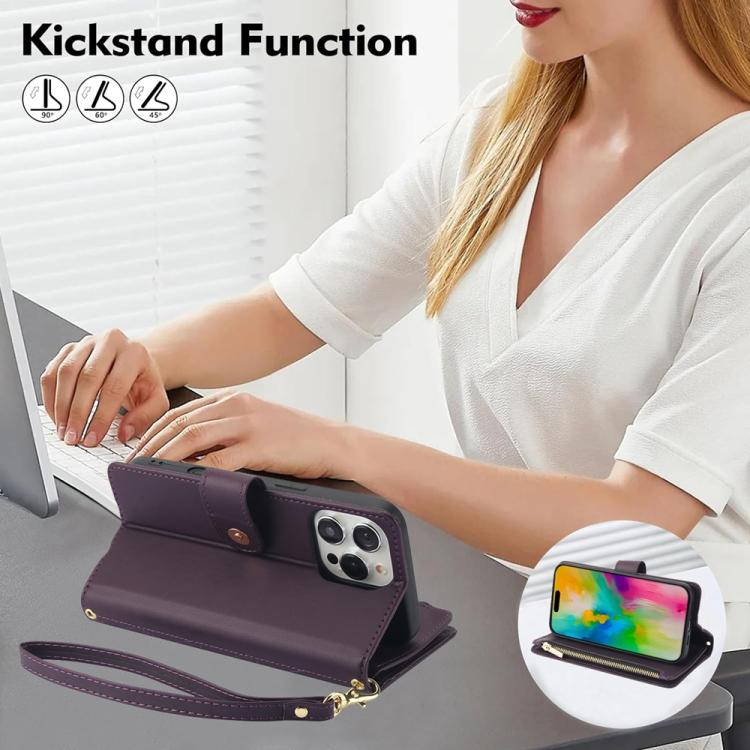 For iPhone 16 Pro YM016 Rhombic Zipper Card Wallet Leather Phone Case with Lanyard(Dark Purple) - iPhone 16 Pro Cases by buy2fix | Online Shopping UK | buy2fix