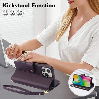 For iPhone 16 Pro YM016 Rhombic Zipper Card Wallet Leather Phone Case with Lanyard(Dark Purple) - iPhone 16 Pro Cases by buy2fix | Online Shopping UK | buy2fix