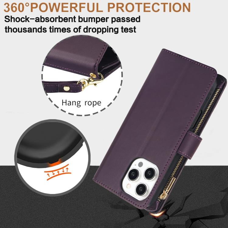 For iPhone 16 Pro YM016 Rhombic Zipper Card Wallet Leather Phone Case with Lanyard(Dark Purple) - iPhone 16 Pro Cases by buy2fix | Online Shopping UK | buy2fix