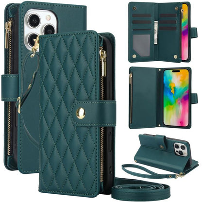For iPhone 16 Pro YM016 Rhombic Zipper Card Wallet Leather Phone Case with Lanyard(Green) - iPhone 16 Pro Cases by buy2fix | Online Shopping UK | buy2fix