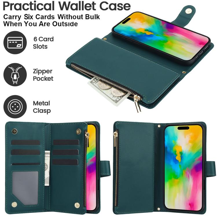 For iPhone 16 Pro YM016 Rhombic Zipper Card Wallet Leather Phone Case with Lanyard(Green) - iPhone 16 Pro Cases by buy2fix | Online Shopping UK | buy2fix