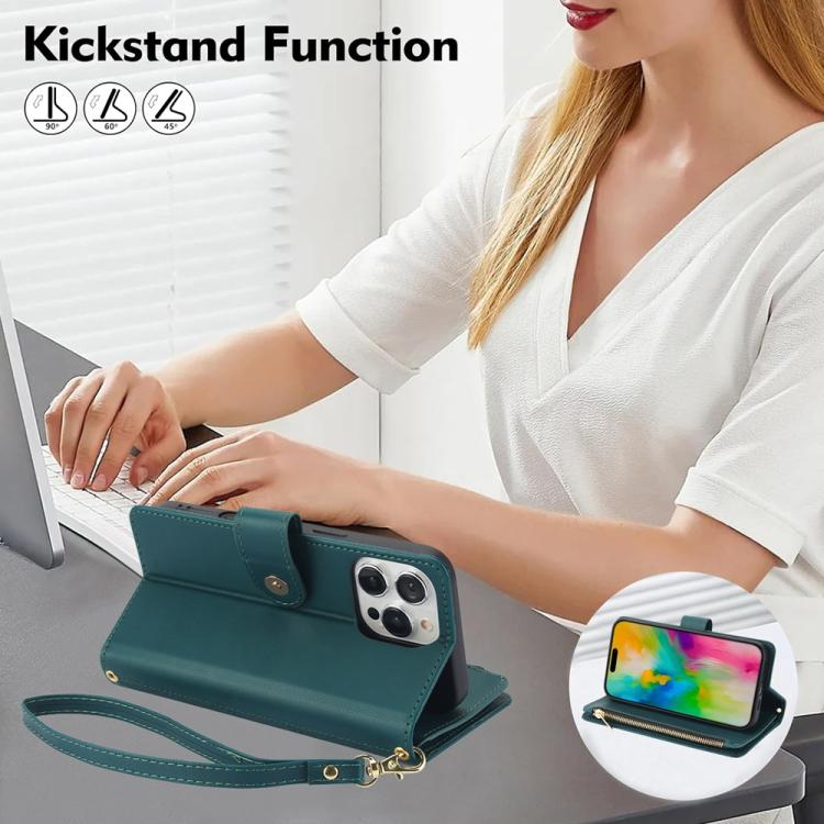 For iPhone 16 Pro YM016 Rhombic Zipper Card Wallet Leather Phone Case with Lanyard(Green) - iPhone 16 Pro Cases by buy2fix | Online Shopping UK | buy2fix