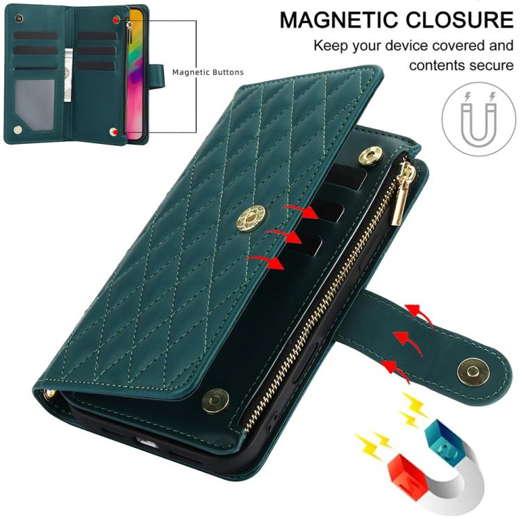 For iPhone 16 Pro YM016 Rhombic Zipper Card Wallet Leather Phone Case with Lanyard(Green) - iPhone 16 Pro Cases by buy2fix | Online Shopping UK | buy2fix