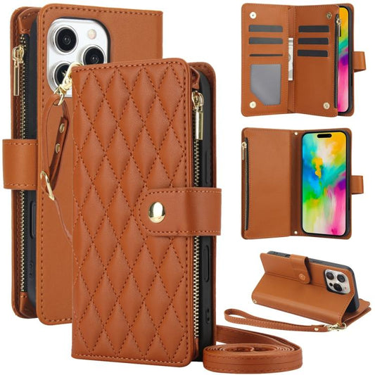 For iPhone 16 Pro YM016 Rhombic Zipper Card Wallet Leather Phone Case with Lanyard(Brown) - iPhone 16 Pro Cases by buy2fix | Online Shopping UK | buy2fix