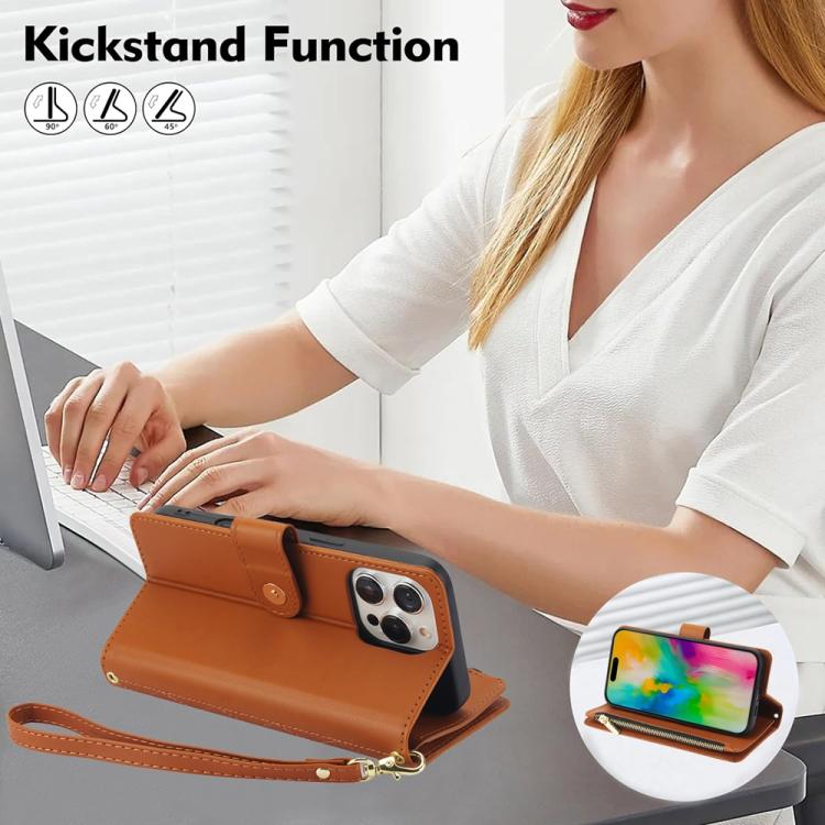 For iPhone 16 Pro YM016 Rhombic Zipper Card Wallet Leather Phone Case with Lanyard(Brown) - iPhone 16 Pro Cases by buy2fix | Online Shopping UK | buy2fix