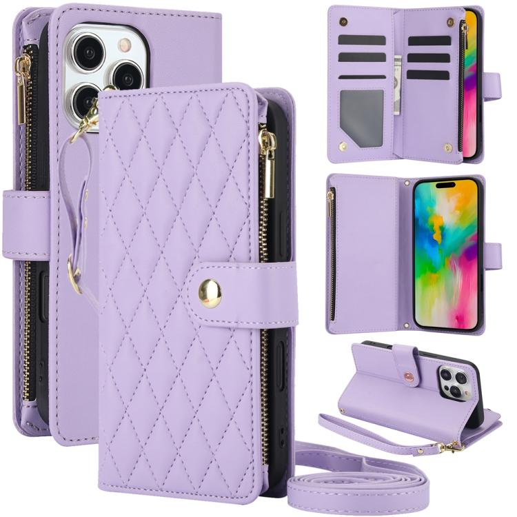 For iPhone 16 Pro YM016 Rhombic Zipper Card Wallet Leather Phone Case with Lanyard(Light Purple) - iPhone 16 Pro Cases by buy2fix | Online Shopping UK | buy2fix