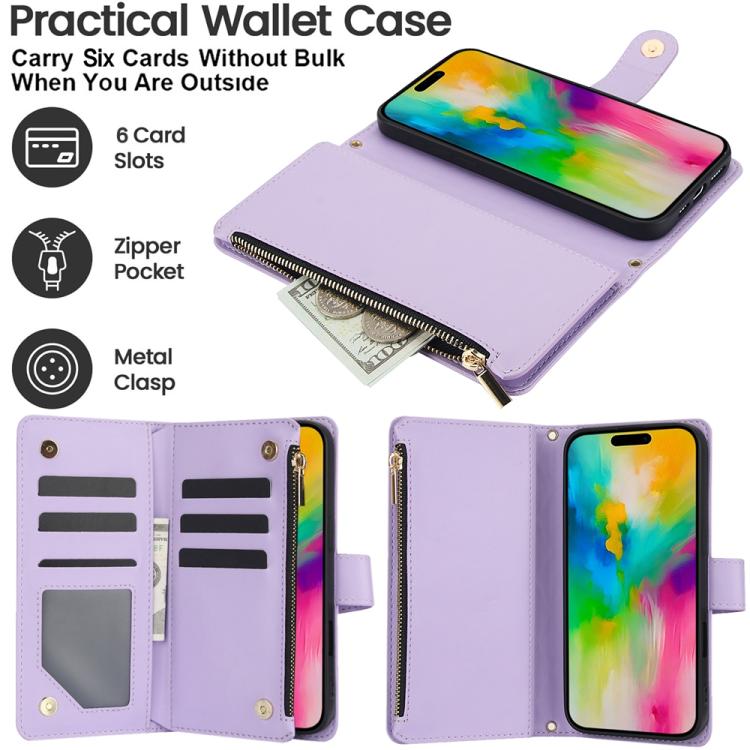 For iPhone 16 Pro YM016 Rhombic Zipper Card Wallet Leather Phone Case with Lanyard(Light Purple) - iPhone 16 Pro Cases by buy2fix | Online Shopping UK | buy2fix