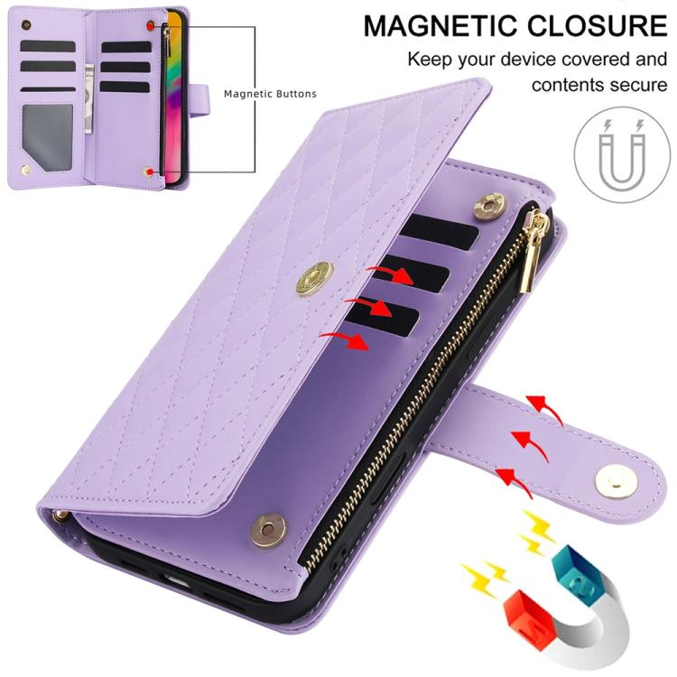 For iPhone 16 Pro YM016 Rhombic Zipper Card Wallet Leather Phone Case with Lanyard(Light Purple) - iPhone 16 Pro Cases by buy2fix | Online Shopping UK | buy2fix