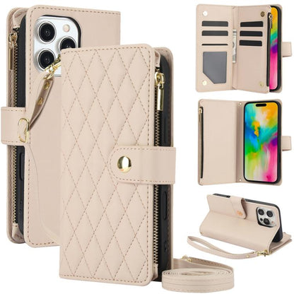 For iPhone 16 Pro YM016 Rhombic Zipper Card Wallet Leather Phone Case with Lanyard(Apricot) - iPhone 16 Pro Cases by buy2fix | Online Shopping UK | buy2fix