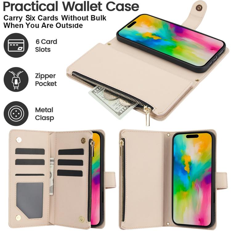 For iPhone 16 Pro YM016 Rhombic Zipper Card Wallet Leather Phone Case with Lanyard(Apricot) - iPhone 16 Pro Cases by buy2fix | Online Shopping UK | buy2fix