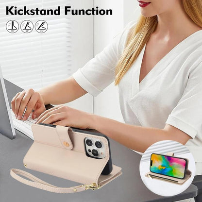 For iPhone 16 Pro YM016 Rhombic Zipper Card Wallet Leather Phone Case with Lanyard(Apricot) - iPhone 16 Pro Cases by buy2fix | Online Shopping UK | buy2fix