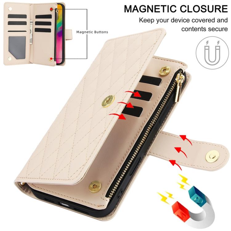 For iPhone 16 Pro YM016 Rhombic Zipper Card Wallet Leather Phone Case with Lanyard(Apricot) - iPhone 16 Pro Cases by buy2fix | Online Shopping UK | buy2fix