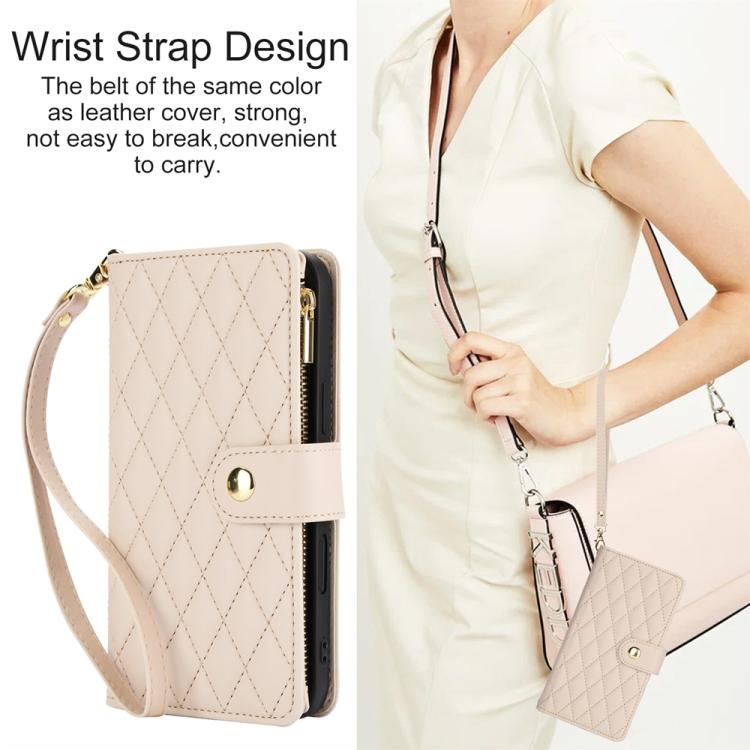 For iPhone 16 Pro YM016 Rhombic Zipper Card Wallet Leather Phone Case with Lanyard(Apricot) - iPhone 16 Pro Cases by buy2fix | Online Shopping UK | buy2fix