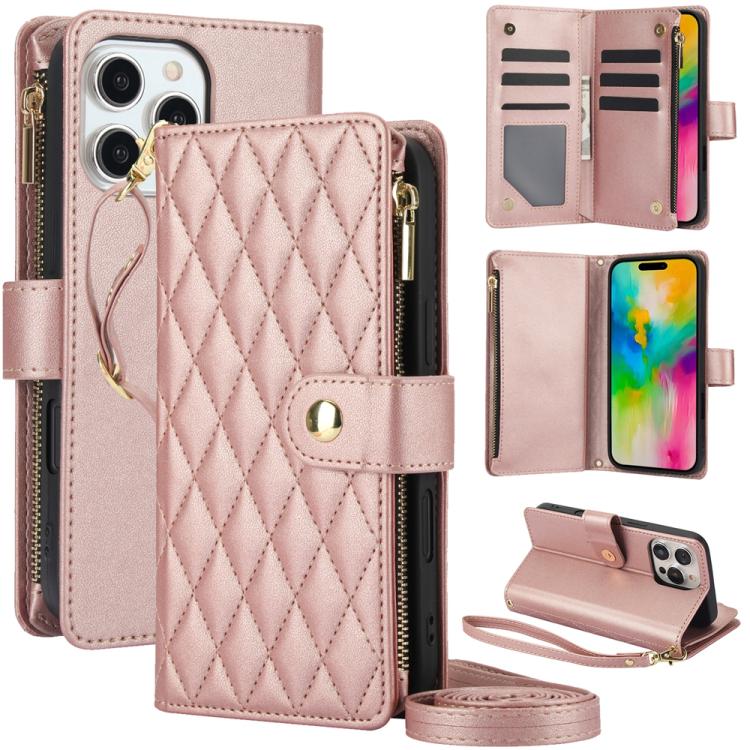 For iPhone 16 Pro YM016 Rhombic Zipper Card Wallet Leather Phone Case with Lanyard(Rose Gold) - iPhone 16 Pro Cases by buy2fix | Online Shopping UK | buy2fix