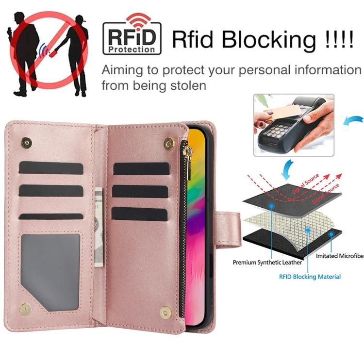 For iPhone 16 Pro YM016 Rhombic Zipper Card Wallet Leather Phone Case with Lanyard(Rose Gold) - iPhone 16 Pro Cases by buy2fix | Online Shopping UK | buy2fix