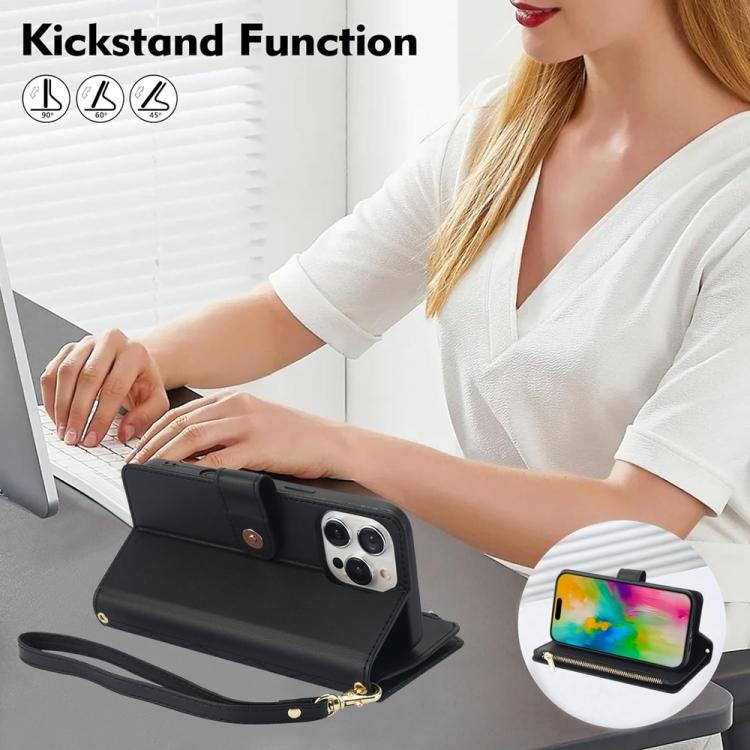 For iPhone 16 Pro YM016 Rhombic Zipper Card Wallet Leather Phone Case with Lanyard(Black) - iPhone 16 Pro Cases by buy2fix | Online Shopping UK | buy2fix