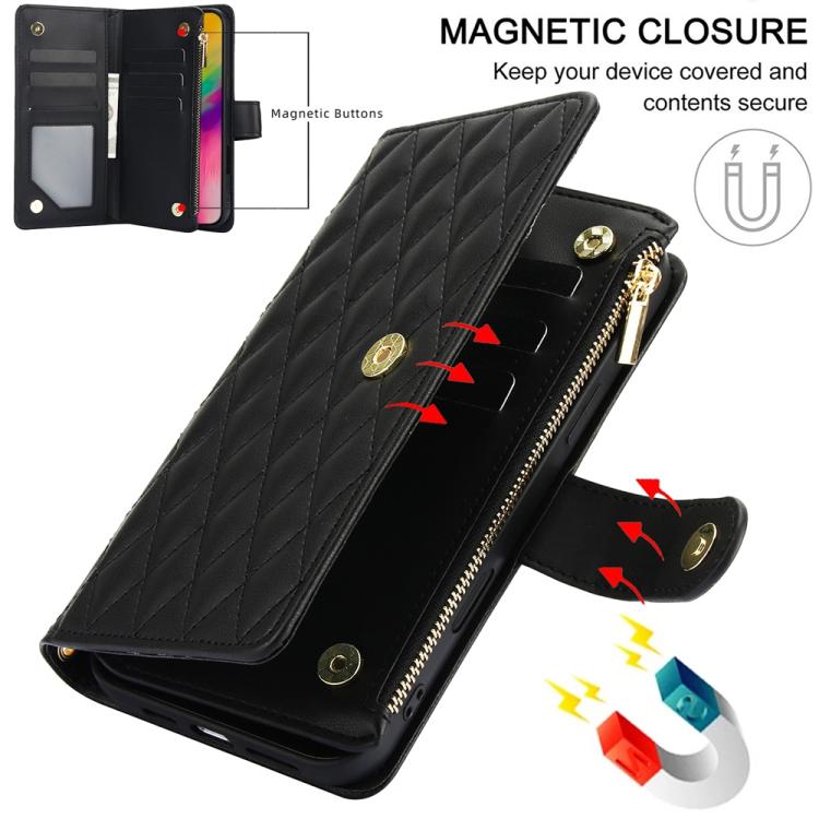 For iPhone 16 Pro YM016 Rhombic Zipper Card Wallet Leather Phone Case with Lanyard(Black) - iPhone 16 Pro Cases by buy2fix | Online Shopping UK | buy2fix