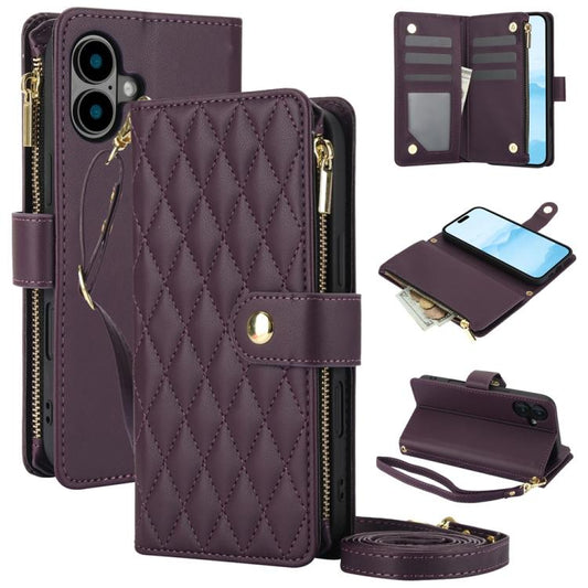For iPhone 16 Plus YM016 Rhombic Zipper Card Wallet Leather Phone Case with Lanyard(Dark Purple) - iPhone 16 Plus Cases by buy2fix | Online Shopping UK | buy2fix
