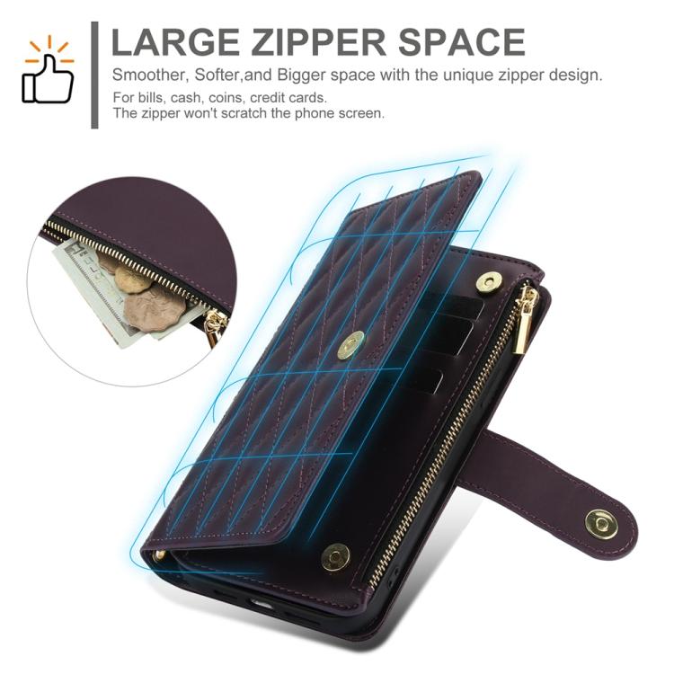 For iPhone 16 Plus YM016 Rhombic Zipper Card Wallet Leather Phone Case with Lanyard(Dark Purple) - iPhone 16 Plus Cases by buy2fix | Online Shopping UK | buy2fix