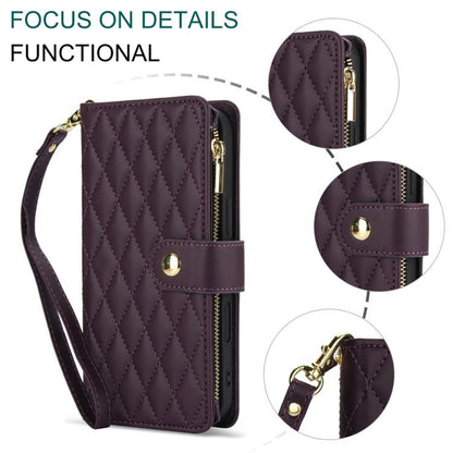 For iPhone 16 Plus YM016 Rhombic Zipper Card Wallet Leather Phone Case with Lanyard(Dark Purple) - iPhone 16 Plus Cases by buy2fix | Online Shopping UK | buy2fix