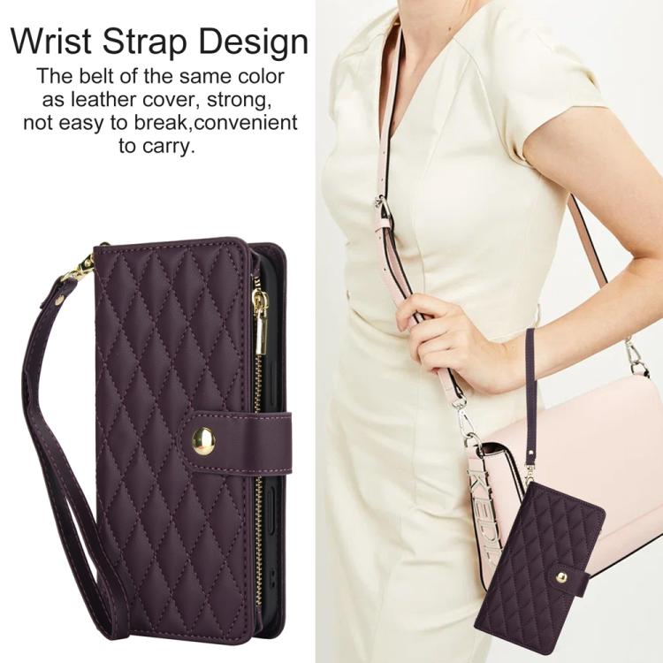 For iPhone 16 Plus YM016 Rhombic Zipper Card Wallet Leather Phone Case with Lanyard(Dark Purple) - iPhone 16 Plus Cases by buy2fix | Online Shopping UK | buy2fix