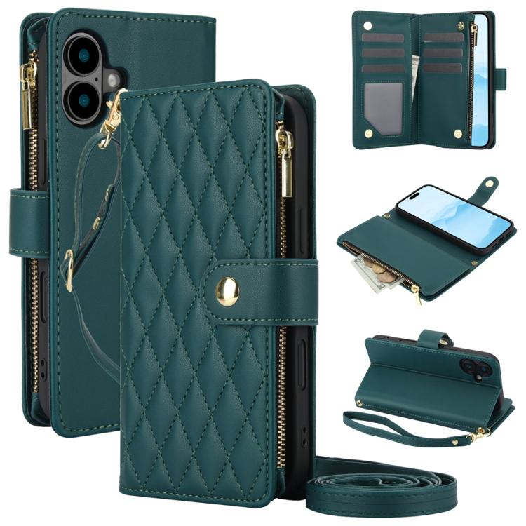 For iPhone 16 Plus YM016 Rhombic Zipper Card Wallet Leather Phone Case with Lanyard(Green) - iPhone 16 Plus Cases by buy2fix | Online Shopping UK | buy2fix
