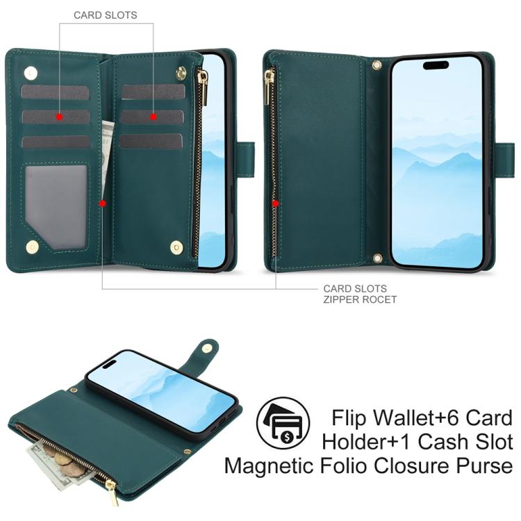 For iPhone 16 Plus YM016 Rhombic Zipper Card Wallet Leather Phone Case with Lanyard(Green) - iPhone 16 Plus Cases by buy2fix | Online Shopping UK | buy2fix