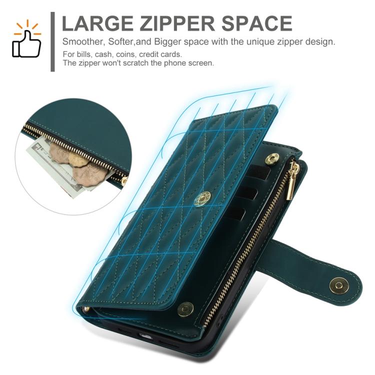 For iPhone 16 Plus YM016 Rhombic Zipper Card Wallet Leather Phone Case with Lanyard(Green) - iPhone 16 Plus Cases by buy2fix | Online Shopping UK | buy2fix