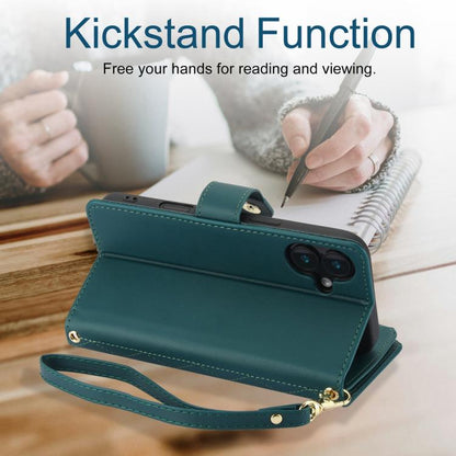 For iPhone 16 Plus YM016 Rhombic Zipper Card Wallet Leather Phone Case with Lanyard(Green) - iPhone 16 Plus Cases by buy2fix | Online Shopping UK | buy2fix