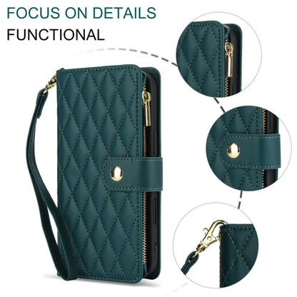 For iPhone 16 Plus YM016 Rhombic Zipper Card Wallet Leather Phone Case with Lanyard(Green) - iPhone 16 Plus Cases by buy2fix | Online Shopping UK | buy2fix