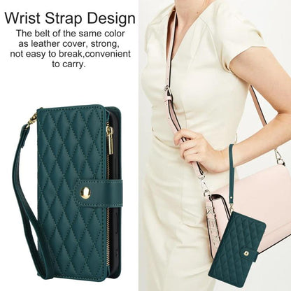 For iPhone 16 Plus YM016 Rhombic Zipper Card Wallet Leather Phone Case with Lanyard(Green) - iPhone 16 Plus Cases by buy2fix | Online Shopping UK | buy2fix