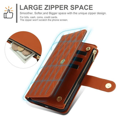 For iPhone 16 Plus YM016 Rhombic Zipper Card Wallet Leather Phone Case with Lanyard(Brown) - iPhone 16 Plus Cases by buy2fix | Online Shopping UK | buy2fix