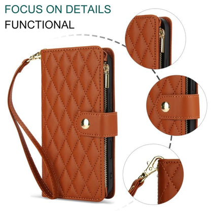 For iPhone 16 Plus YM016 Rhombic Zipper Card Wallet Leather Phone Case with Lanyard(Brown) - iPhone 16 Plus Cases by buy2fix | Online Shopping UK | buy2fix