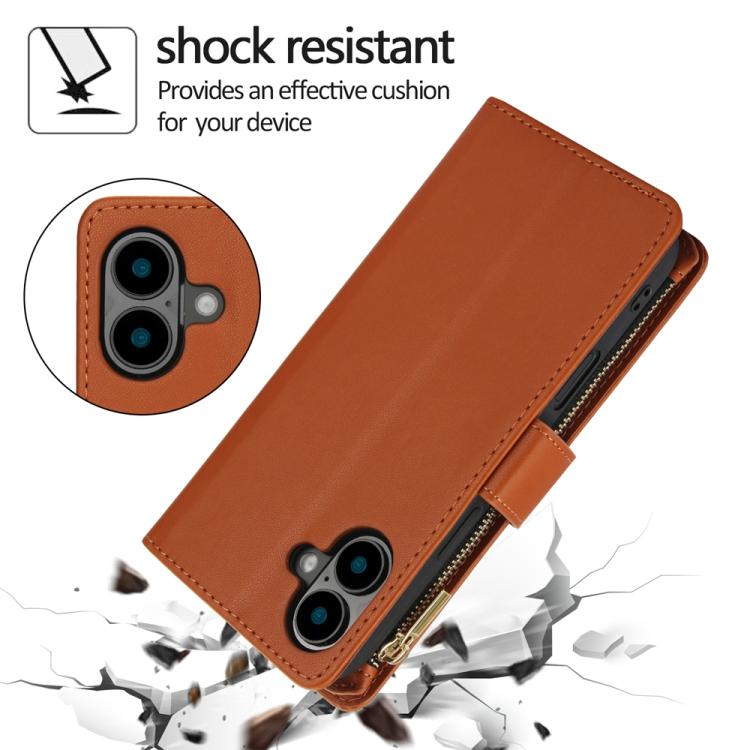 For iPhone 16 Plus YM016 Rhombic Zipper Card Wallet Leather Phone Case with Lanyard(Brown) - iPhone 16 Plus Cases by buy2fix | Online Shopping UK | buy2fix