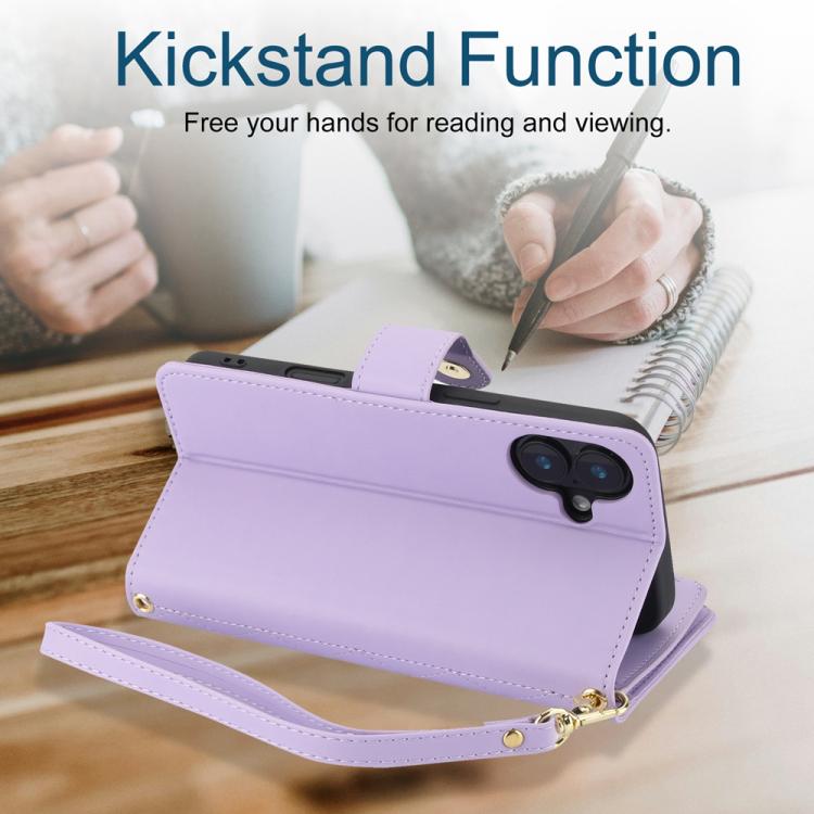 For iPhone 16 Plus YM016 Rhombic Zipper Card Wallet Leather Phone Case with Lanyard(Light Purple) - iPhone 16 Plus Cases by buy2fix | Online Shopping UK | buy2fix