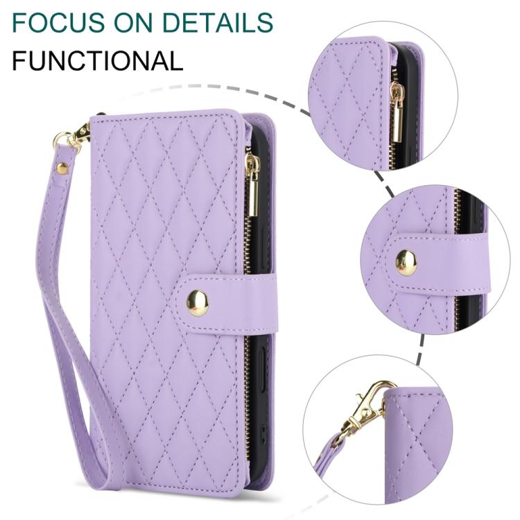 For iPhone 16 Plus YM016 Rhombic Zipper Card Wallet Leather Phone Case with Lanyard(Light Purple) - iPhone 16 Plus Cases by buy2fix | Online Shopping UK | buy2fix