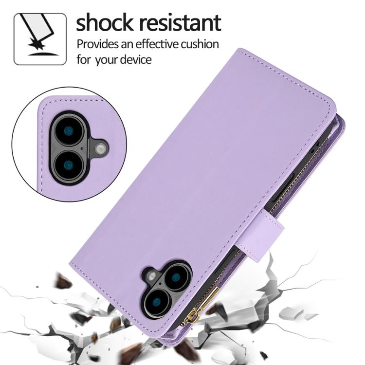 For iPhone 16 Plus YM016 Rhombic Zipper Card Wallet Leather Phone Case with Lanyard(Light Purple) - iPhone 16 Plus Cases by buy2fix | Online Shopping UK | buy2fix