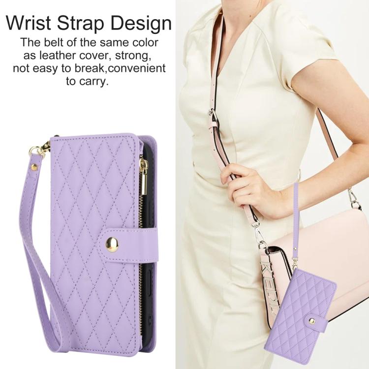 For iPhone 16 Plus YM016 Rhombic Zipper Card Wallet Leather Phone Case with Lanyard(Light Purple) - iPhone 16 Plus Cases by buy2fix | Online Shopping UK | buy2fix