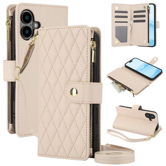 For iPhone 16 Plus YM016 Rhombic Zipper Card Wallet Leather Phone Case with Lanyard(Apricot) - iPhone 16 Plus Cases by buy2fix | Online Shopping UK | buy2fix
